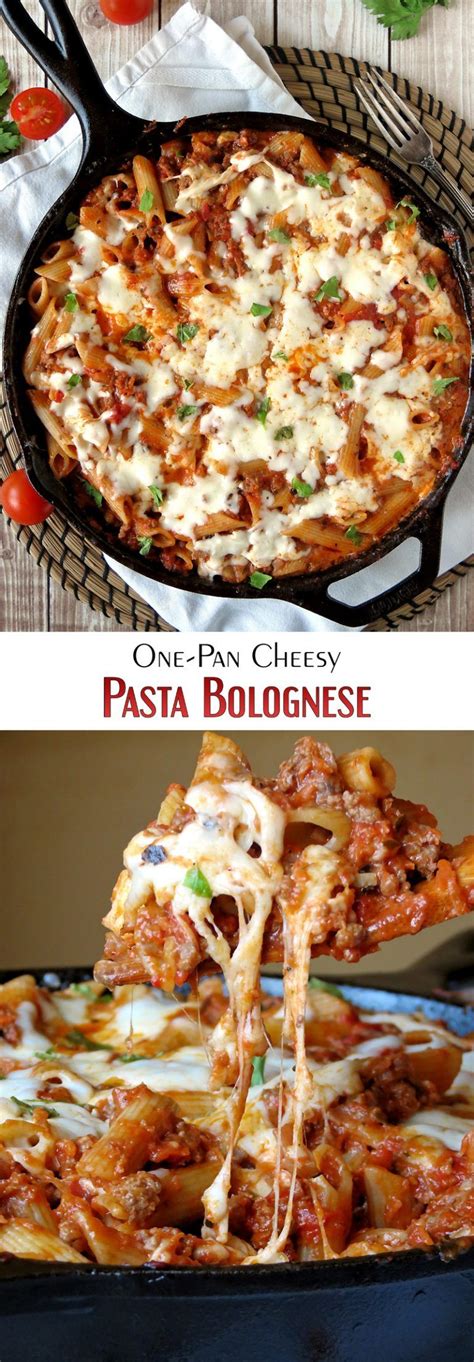 One-Pan Cheesy Pasta Bolognese | yummyaddiction.com | Recipes, Pasta bolognese, Cooking