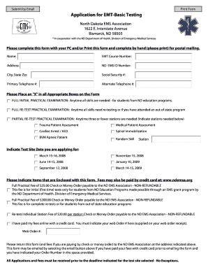 Fillable Online Ndhealth Application For Emt Basic Testing North