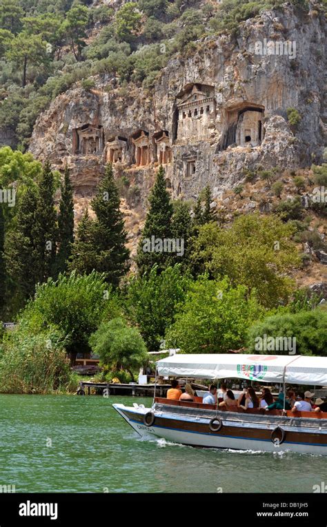 Rock Tombs And Tourist Boats At The Dalyan River Dalyan Ortaca Mugla