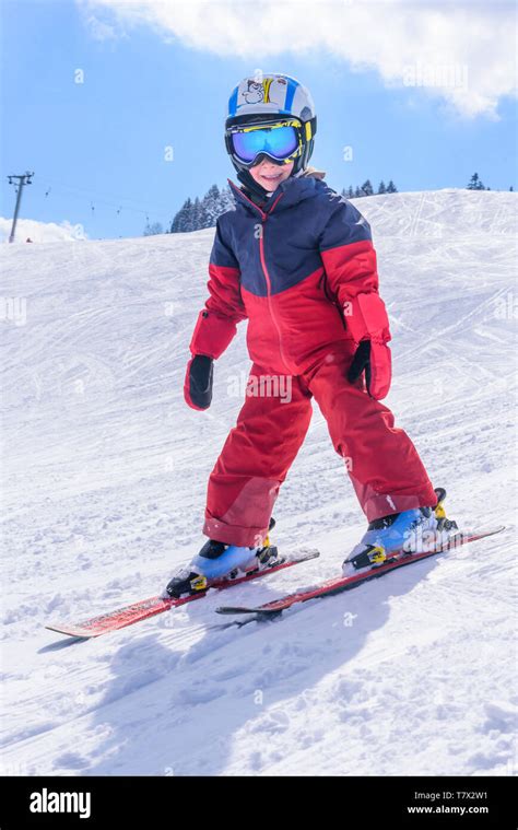 Cute Little Boy Skiing On Slope Stock Photo Alamy