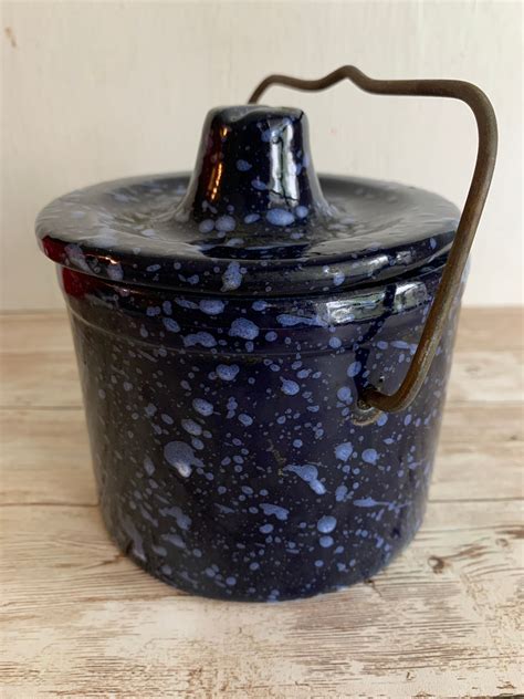 Blue Speckled Butter Cheese Crock Cobalt Blue Pottery Crock Etsy