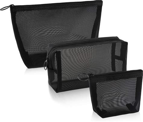 3 Pieces Mesh Cosmetic Bag Mesh Makeup Bags Black Mesh Zipper Pouch For