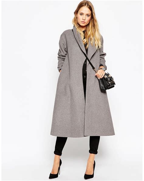 Asos Coat In Midi Swing Trapeze In Gray Lyst
