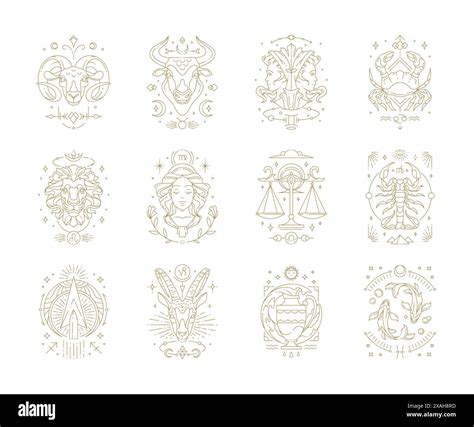 Zodiac Astrology Horoscope Signs Linear Design Vector Illustrations Set