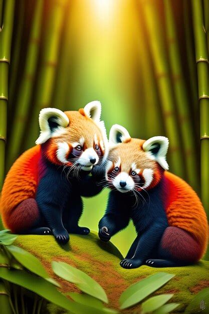 Dos Lindos Pandas Rojos Comiendo Hojas De Bamb Obra De Arte Digital