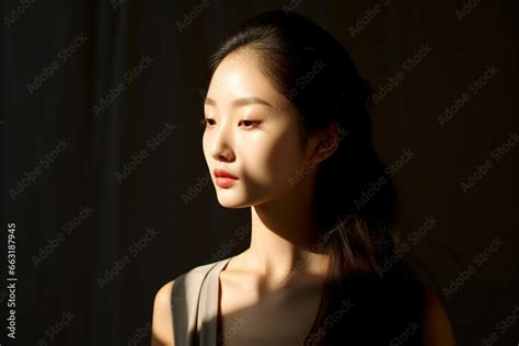 Elegant beauty portrait of a young Asian woman in light and shadow ...