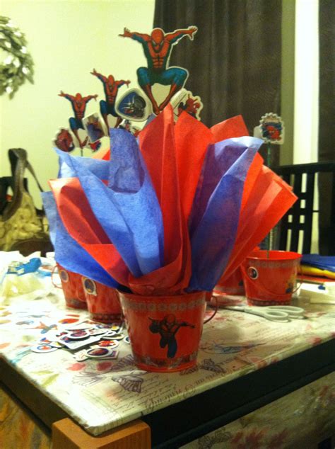 Spiderman Centerpieces Tin Bucket From Michaels Blue And Red Tissue