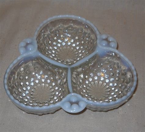 Hobnail Moonstone Crystal Opalescent 3 Part Relish Dish Hobnail Glass Fenton Glass Vintage