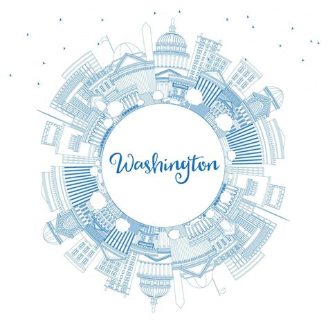 Outline Washington Dc Usa City Skyline With Blue Buildings And Copy