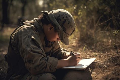 Premium Ai Image Portrait Of Young American Soldier Writing On A