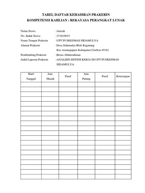 Tabel Kegiatan Harian Prakerin Pdf