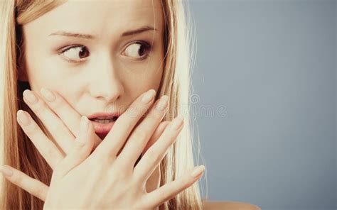 Amazed Woman Covering Her Mouth With Hands Stock Image Image Of Eyes Problem 93527871