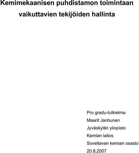 Kemimekaanisen Puhdistamon Toimintaan Vaikuttavien Tekij Iden Hallinta