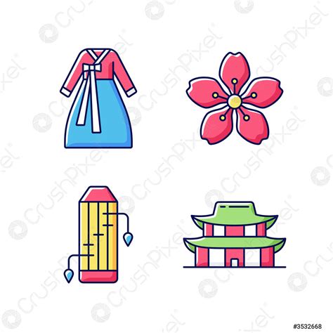 Korean Ethnic Symbols Rgb Color Icons Set Stock Vector