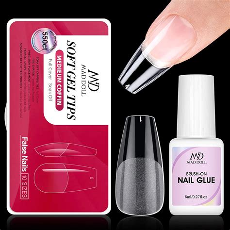 Bundle 550 Pcs Clear Nail Tips With Nail Glue Medium Coffin Full Cover Press On