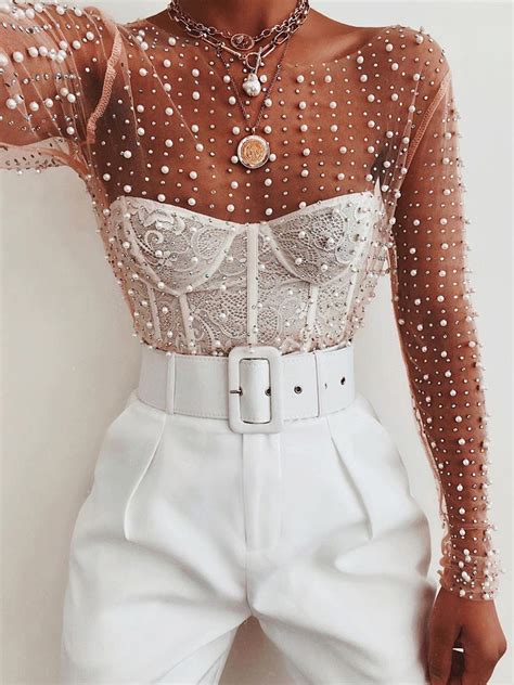 White Beaded Detail Long Sleeve Sheer Crop Blouse Choies