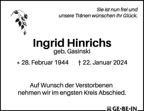 Traueranzeigen Von Ingrid Hinrichs Trauer Gedenken