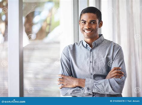 Happy Black Man Portrait And Window With Arms Crossed For Career