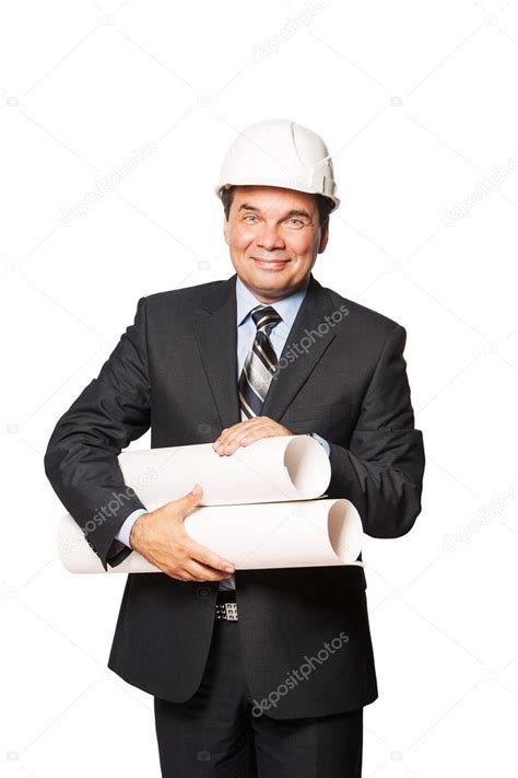 Male Mature Architect Holding A Set Of Building Plans Isolated On