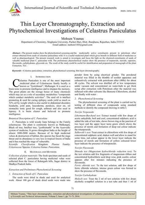 Thin Layer Chromatography Extraction And Phytochemical Investigations