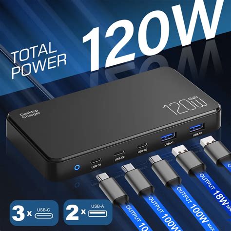 Usb C Charging Station 120w Usb C Gan Charger Charging Hub 5 Ports For Multiple Devices