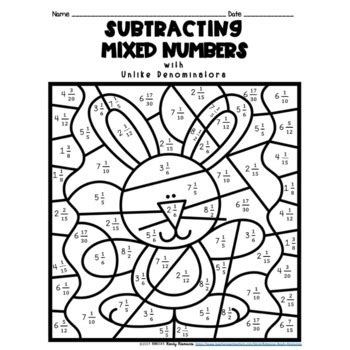 Easter Subtracting Mixed Numbers Unlike Denominators Color By Number