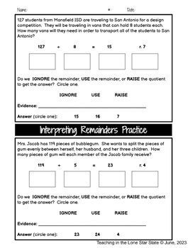 Interpreting Remainders Practice TEKS 4 4 H TPT