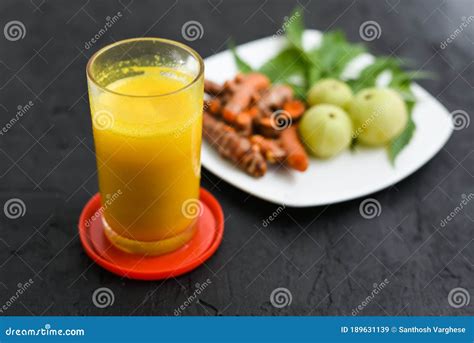 Ayurvedic Medicine Turmeric Drink Amla Neem Leaf Kerala Stock Image