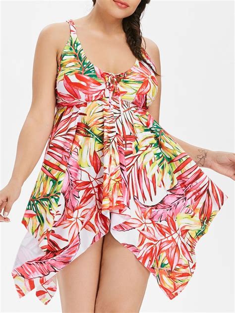 Tropical Leaf Print Plus Size Tankini Set