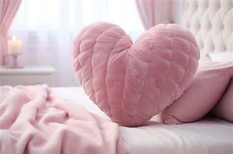 Closeup Soft Heart Shaped Pink Pillow On A White Bed In Romantic Cozy Bedroom Stock Illustration