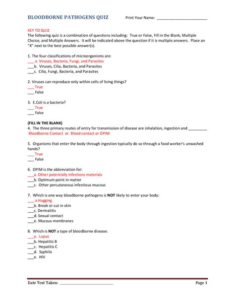 BLOODBORNE PATHOGENS QUIZ Summaries Immunology Docsity