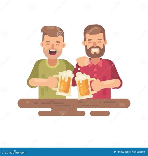 Two Happy Men Drinking Beer Flat Illustration Stock Vector