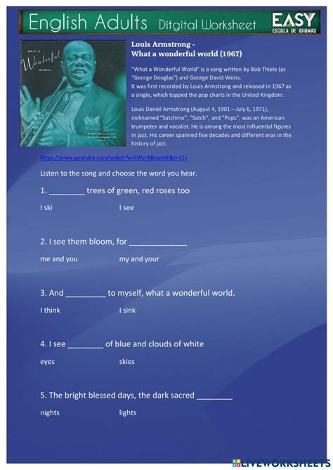 Song Quiz Louis Armstrong What A Wonderful World Worksheet Live