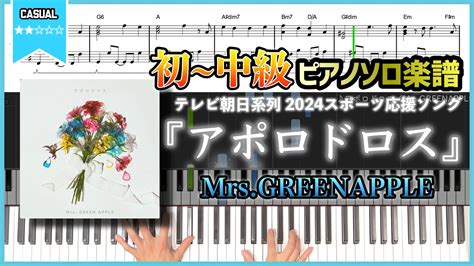 【楽譜】『アポロドロス／mrsgreenapple』テレビ朝日系列 2024スポーツ応援ソング 初〜中級ピアノ楽譜 Youtube