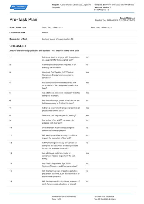 Construction Pre Task Plan Example See What Your Ptp Should Be