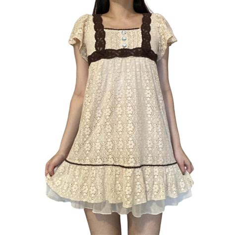 Japanese Babydoll Tan Brown Lace Dress Uk Depop