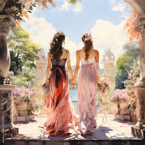 Just Married Lesbian Couple With Bouquet Of Flowers Elegant Brides Hand Painted Template For