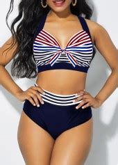 High Waist Knot Detail Stripe Print Bikini Set Rosewe Usd