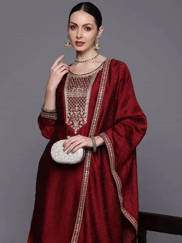 Polyester Indo Era Maroon Embroidered Straight Kurta Trousers With