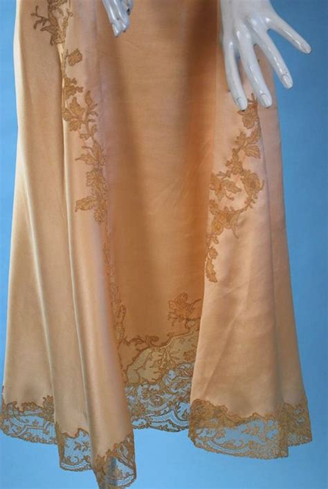 Circa 1920s 1930s Antique Romantic Apricot Silk Charmeuse Alencon Slip