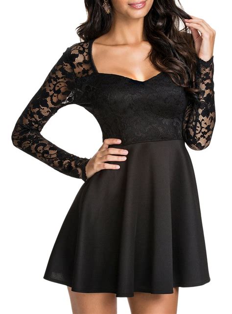 Made2envy Sweetheart Neckline Lace Skater Long Sleeves