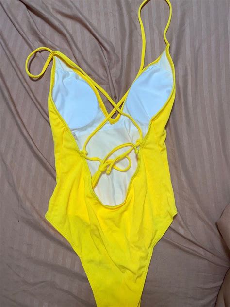 Shein Yellow Ribbed One Piece Swimsuit Womens Fashion Swimwear