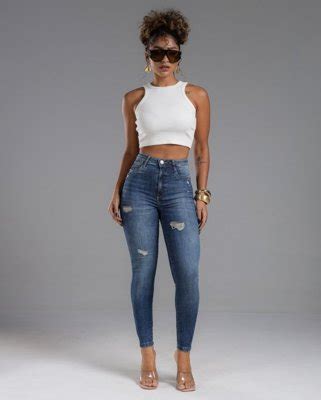 Calça Jeans Skinny Hot Feminina Cintura Alta Detalhes Puídos 23746 Escura Consciência Compre