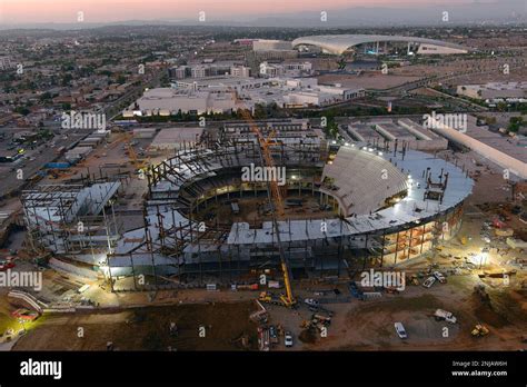 A general overall aerial view of the Intuit Dome construction site with ...