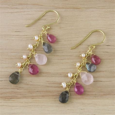 Gold Plated Multi Gemstone Dangle Earrings In Pink Sparkling Cluster