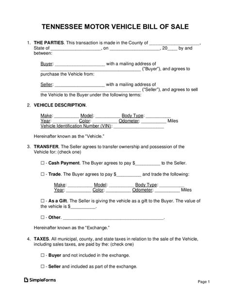 Understanding The Tennessee Bill Of Sale For Motor Vehicles Simple Forms Pdf