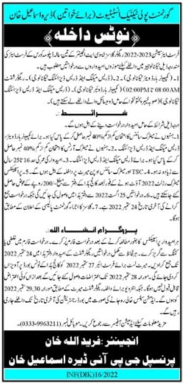 Government Polytechnic Institute For Women Admissions 2022 Resultpk