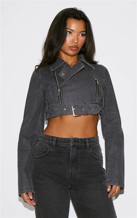 Washed Black Cropped Denim Biker Jacket Prettylittlething Usa