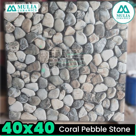 Jual Keramik Kasar 40x40 Mulia Coral Pebble Stone Motif Batu Alam Teras