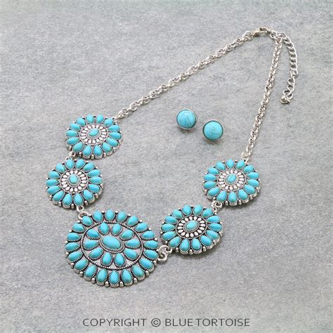 Western Concho Stone Necklace Set Bluetortoisewholesale